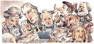 Among the lode-stars of Alan Ryan’s book are Plato, Hegel, Machiavelli, Marx, St. Augustine, and Hobbes. Illustration by John Cuneo