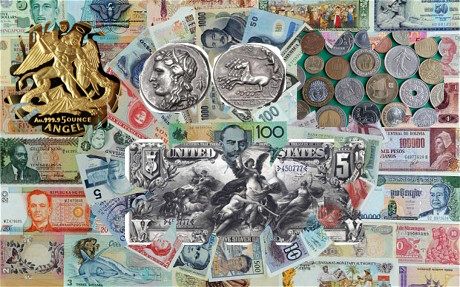 Different forms of money as paper- coins symbols plus gold-silver money